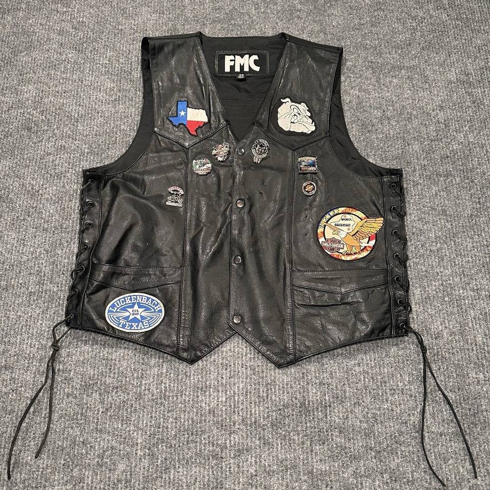 FMC Men's‎ Sz 48 Black Genuine Leather Motorcycle Biker Vest With Pins & Patches